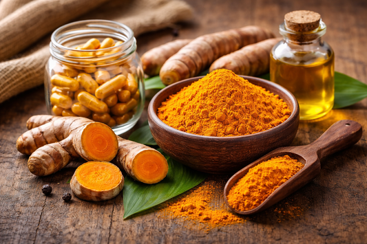 fresh turmeric root and turmeric powder beside illustrating hip inflammation and joint pain