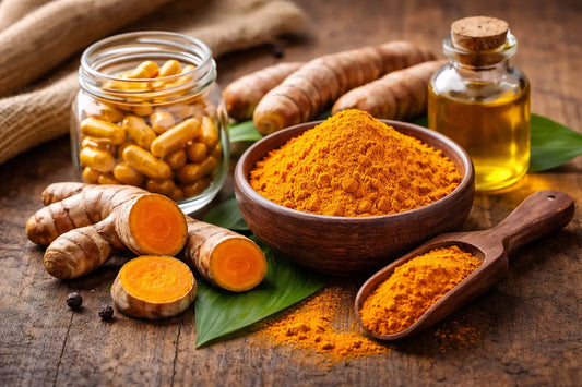 fresh turmeric root and turmeric powder beside illustrating hip inflammation and joint pain