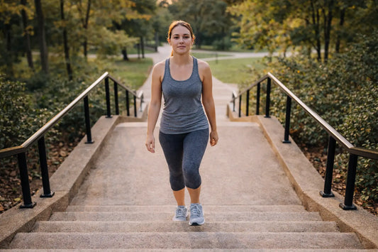 woman walking up outdoor concrete stairs toward the camera during golden hour in a park setting