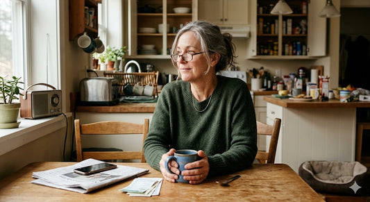 Person in their 50s sitting at kitchen table in the morning representing slower recovery and fatigue with age