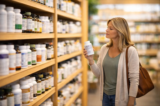 Middle-aged woman comparing supplement bottles in a warm health food store aisle with shelves of slightly blurred products in the background