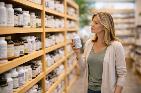 Woman standing in a supplement store aisle comparing different bottles of joint supplements on the shelf