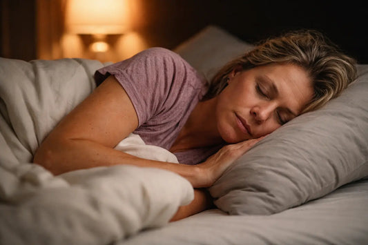 woman sleeping on her side in a dimly lit bedroom with natural bedhead and warm ambient lighting, illustrating shoulder pressure during sleep