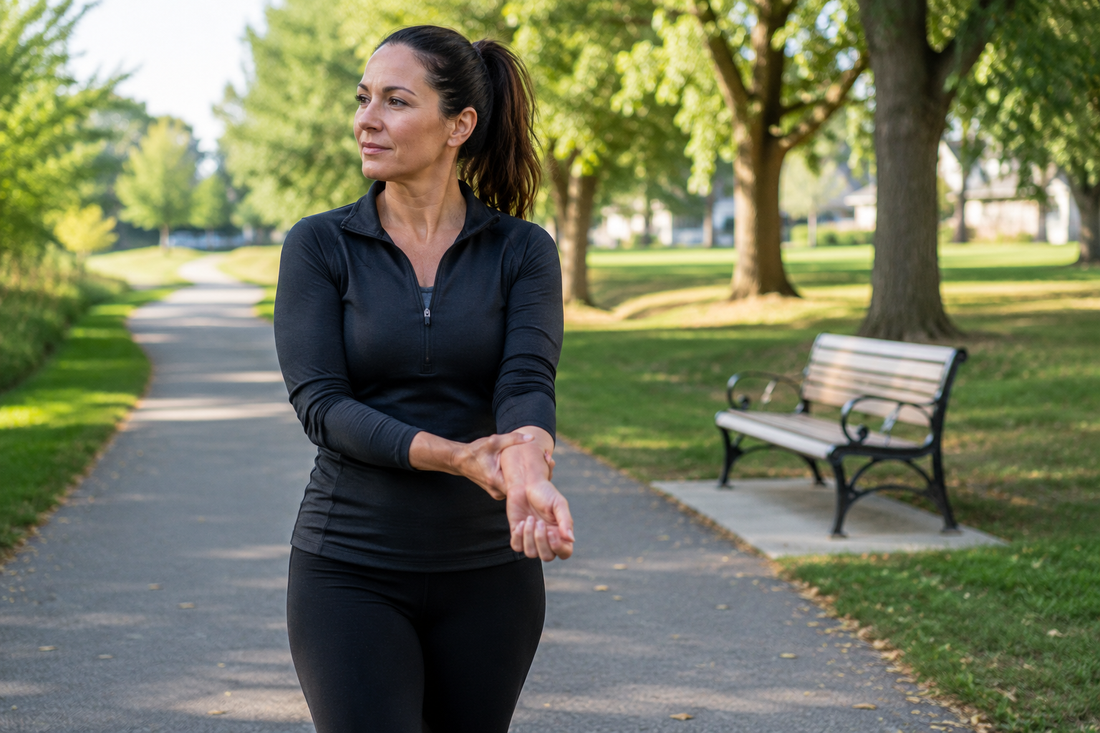 Woman in athletic clothing walking through a park while stretching her wrist, representing joint mobility, recovery, stiffness, and everyday movement awareness
