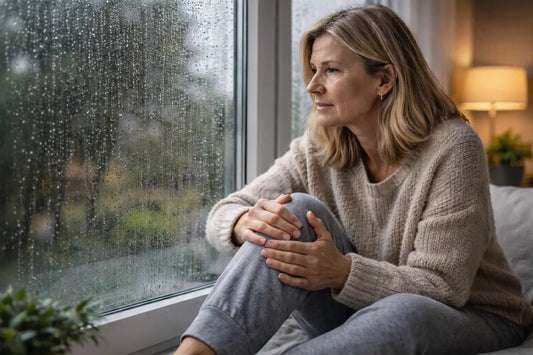 woman sitting by a rainy window with hands resting on her knee reflecting on weather-related joint discomfort