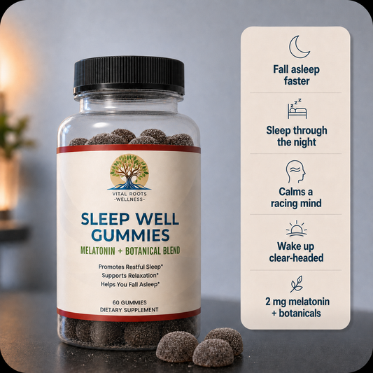 Vital Roots Wellness Sleep Well Gummies bottle with five sleep benefits including fall asleep faster, sleep through the night, calm a racing mind, wake up clear-headed, and 2 mg melatonin plus botanicals.
